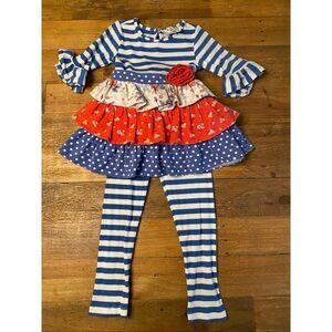 Counting Daisies 3T girls ruffle dress leggings outfit red white blue floral